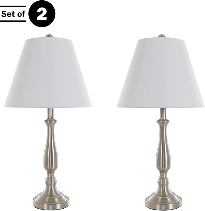 Brushed Steel Table Lamps - Set of 2 Traditional Accent Lights with LED Bulbs - Home Décor for
