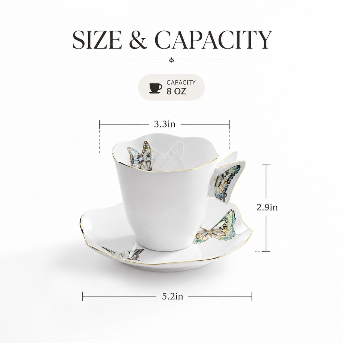 Solidith 8 Oz Espresso Cups With Saucers Set Of 6,Butterfly Ceramic Cups