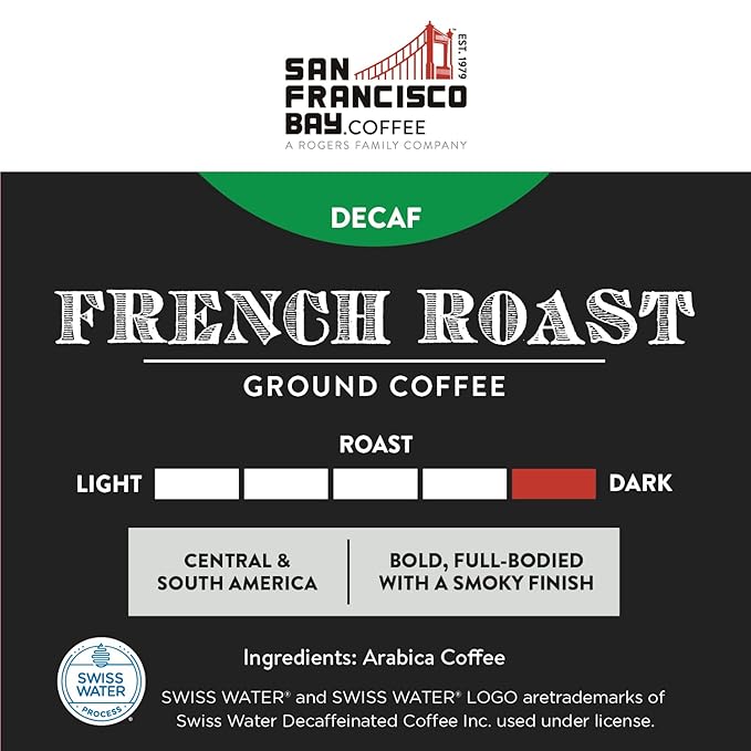 San Francisco Bay Coffee Coffee DECAF French Roast Ground Coffee, 28 oz Bag, Dark Roast, Swiss