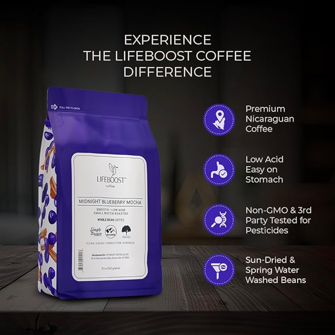 Lifeboost Midnight Blueberry Mocha Whole Bean Coffee - Non-GMO Wild Blueberry Low Acid Single