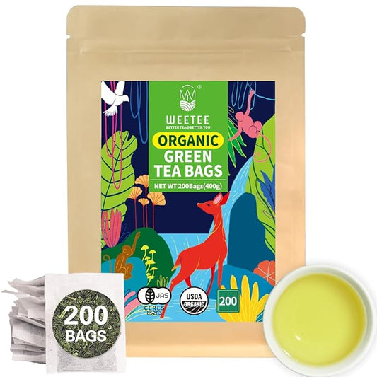 WT WEETEE Organic Green Tea Bags, Organic Pure Green Tea 200 Count, Super Antioxidant | Resealable