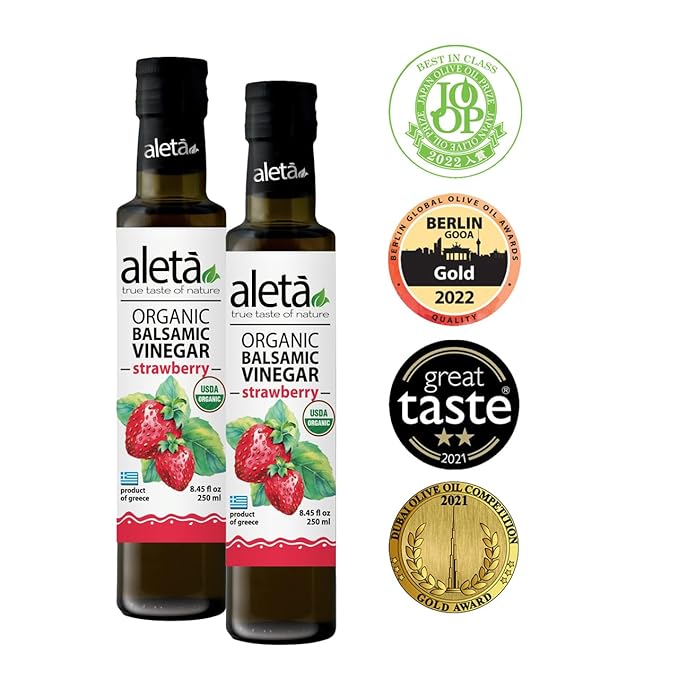 Aleta Farms Balsamic Vinegar, Greek Organic Strawberry Infused Aged Balsamic Vinegar, USDA Organic