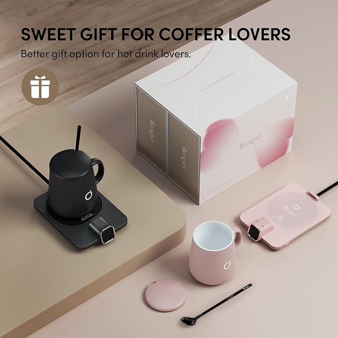 2Pcs Heated Coffee Mug Warmer & Mug Set - Heated Mug Warmer Plates with Auto Shut Off, 1°F Precise