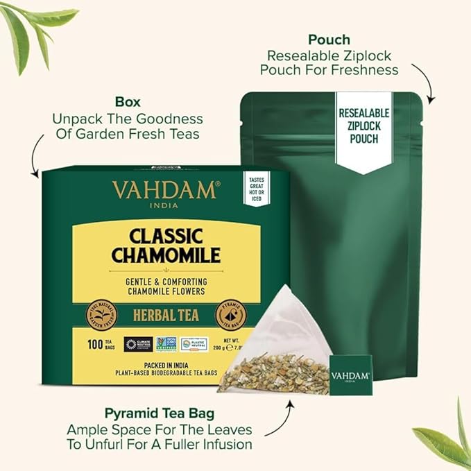 VAHDAM, Chamomile Herbal Tea (100 Pyramid Tea Bags) Resealable Ziplock Pouch | Caffeine Free, Non