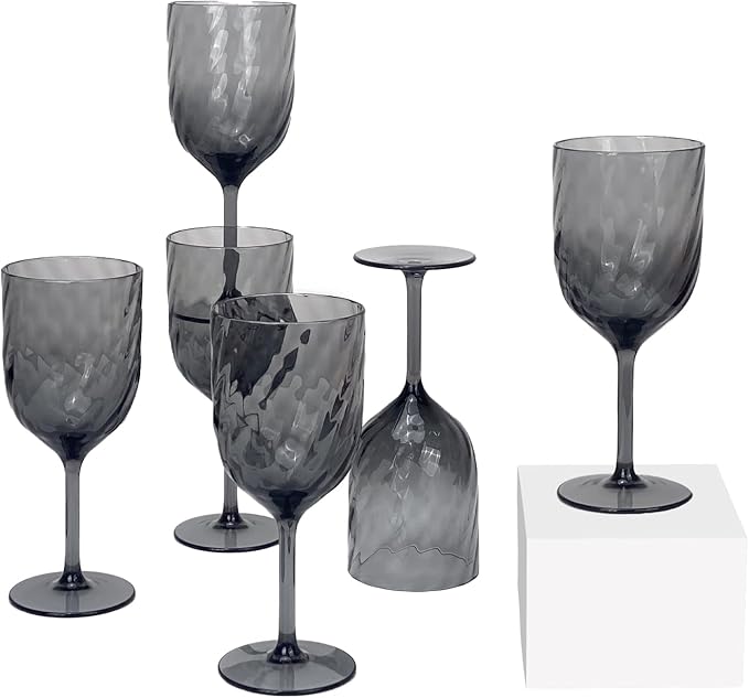 Yalin Set of 6 Unbreakable 15 oz Acrylic Plastic Wine and Water Tumbler Stackable Goblets. (Gray