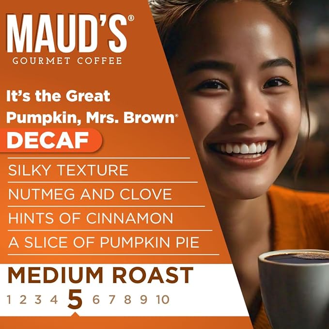 Maud's Decaf Pumpkin Spice Flavored Coffee Pods, 72 ct, Medium Roast Flavored Coffee in Recyclable