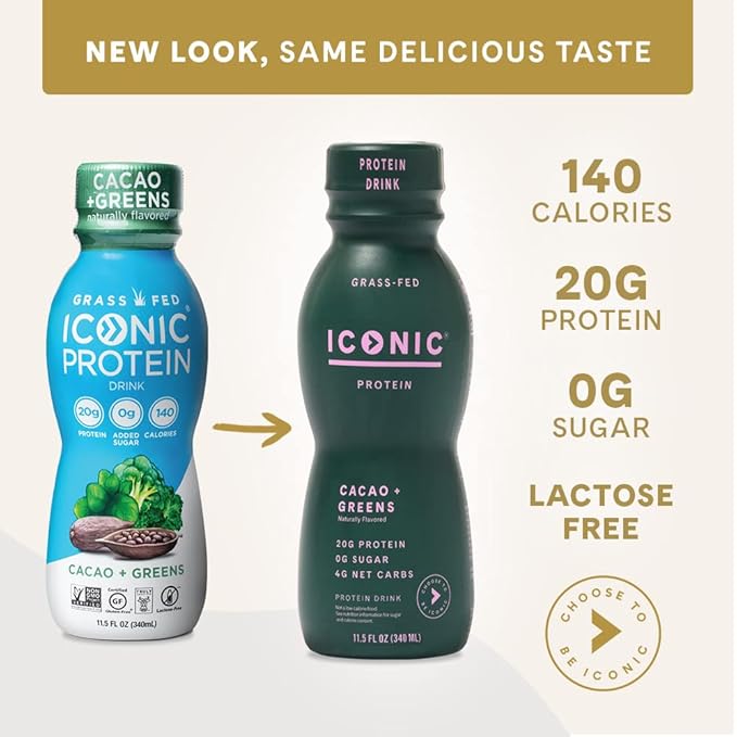 ICONIC Protein Shake, Cacao + Greens (12 Pack) ??20g Grass-Fed Protein Drink ??Low Carb, Sugar