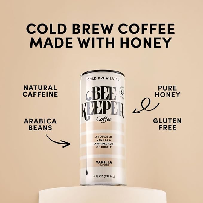 Beekeeper Coffee Cold Brew Vanilla Latte with Oregon Honey, 8 fl oz cans (Pack of 12)