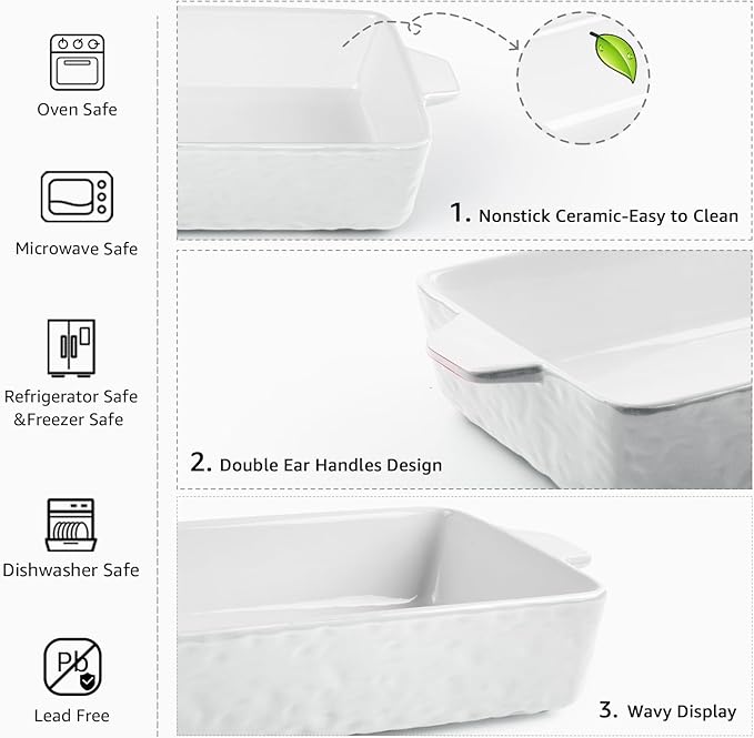4 QT Baking Dish, Casserole Dishes for Oven, 9x13 Baking Pan with Handles, Lasagna Pan Deep