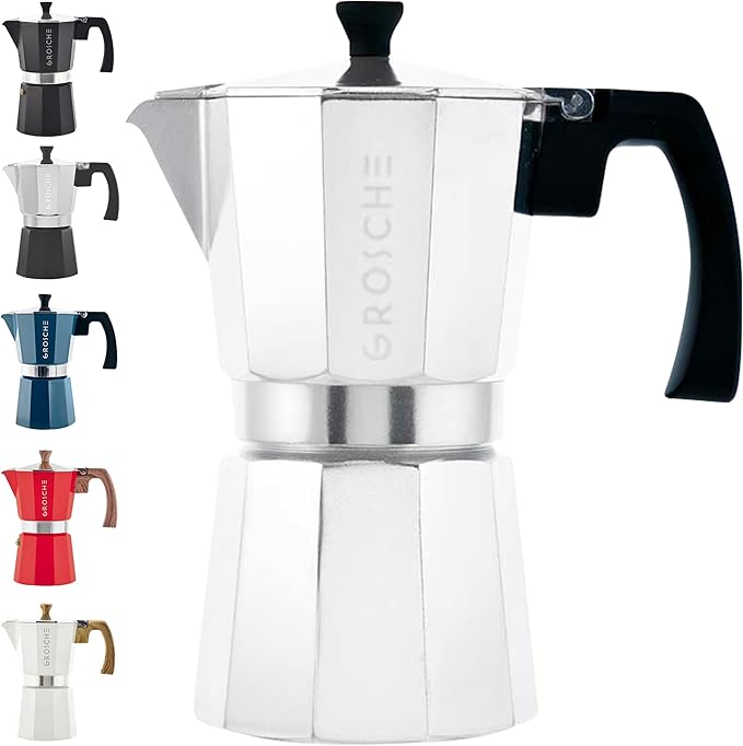GROSCHE Milano Stovetop Espresso Maker Moka Pot 6 espresso Cup - 9.3 oz, Silver - Cuban Coffee