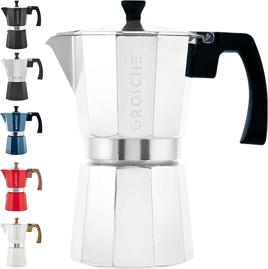 GROSCHE Milano Stovetop Espresso Maker Moka Pot 6 espresso Cup - 9.3 oz, Silver - Cuban Coffee