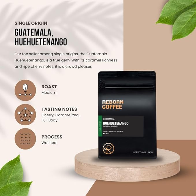 Reborn Coffee Specialty Whole Bean Coffee, Medium Roast, 12 Ounce, Guatemala Huehuetenango, Flavor