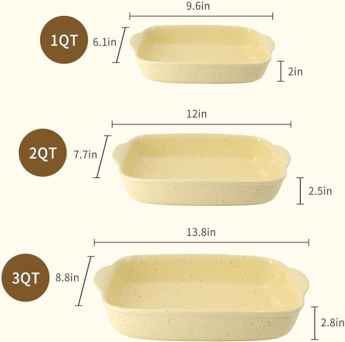 Casserole Dish Set of 3,Ceramic Bakeware for Oven,Rectangular Baking Dishes with Handles,High Heat
