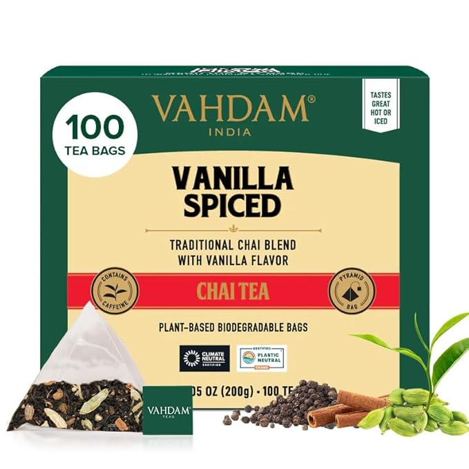 VAHDAM, Vanilla Spiced Chai Tea | 100 Tea Bags | Delicious Blend of Vanilla Masala Chai | Brew Hot