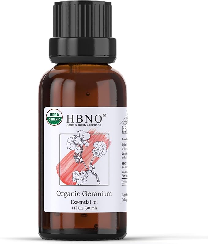 HBNO Organic Geranium Essential Oil - 1 oz (30ml) - USDA Certified Organic Geranium Essential Oil