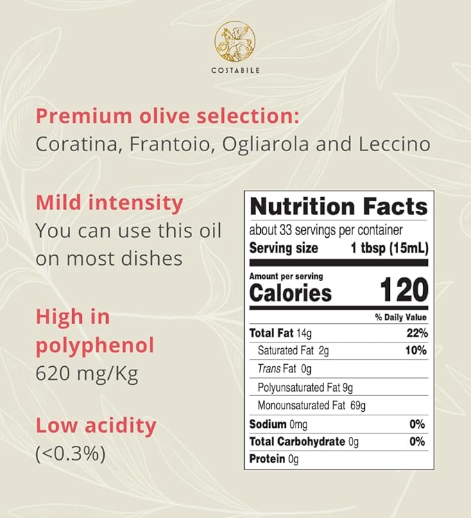 Extra Virgin Olive Oil Cold Pressed Organic. High polyphenol olive oil from Puglia Italy. Fresh