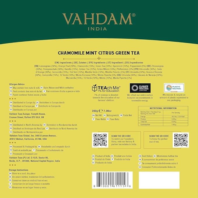 VAHDAM, Chamomile Herbal Tea (100 Pyramid Tea Bags) Resealable Ziplock Pouch | Caffeine Free, Non