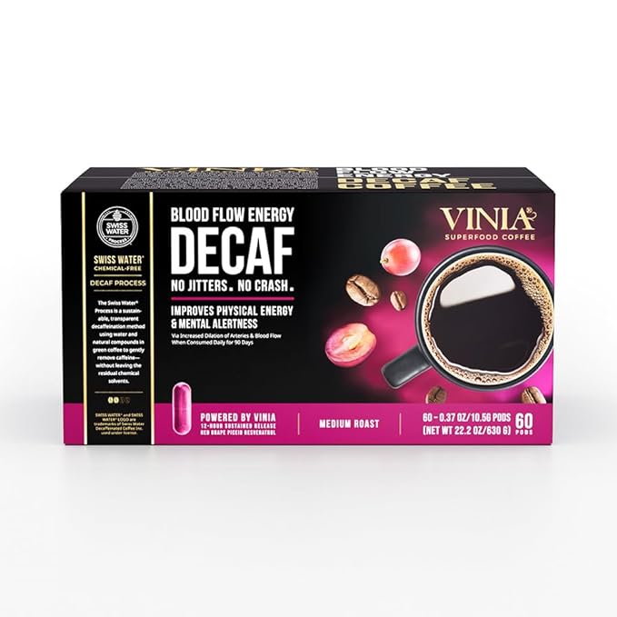 VINIA Blood Flow Energy Coffee DECAF - Medium Roast Superfood Coffee Pods, Swiss Water Process
