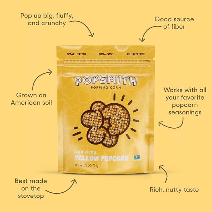 Popsmith - 28oz Pouch Yellow Popcorn Kernels for Popping - Grown in USA, Non-GMO, Vegan, and