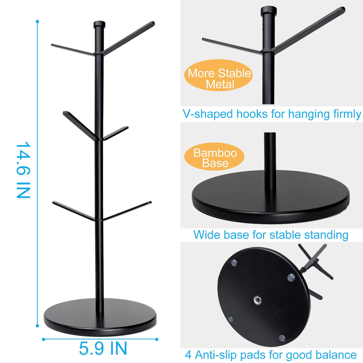 ZOMETUO Premium Mug Tree, 6 Hooks Upgraded Stable Metal Mug Holder, Bamboo Base Coffee Mug Cup Rack