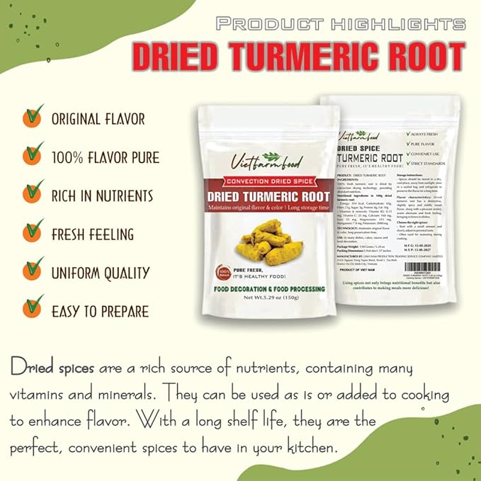 DRIED TURMERIC ROOT 5.29 Oz (150g) VIETFARMFOOD: Natural pure, convection dried seasoning made from