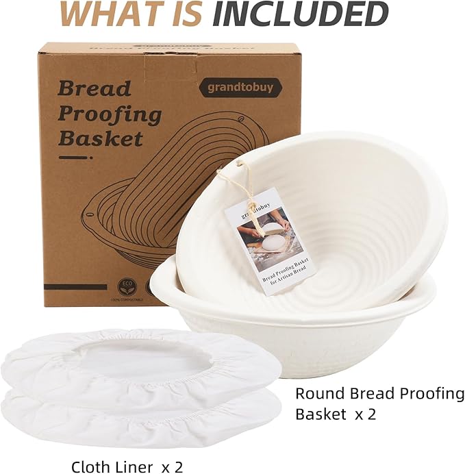 2 x 10inch Pulp Round Sourdough Banneton Bread Proofing Basket Baking Supply with Linen Liners for