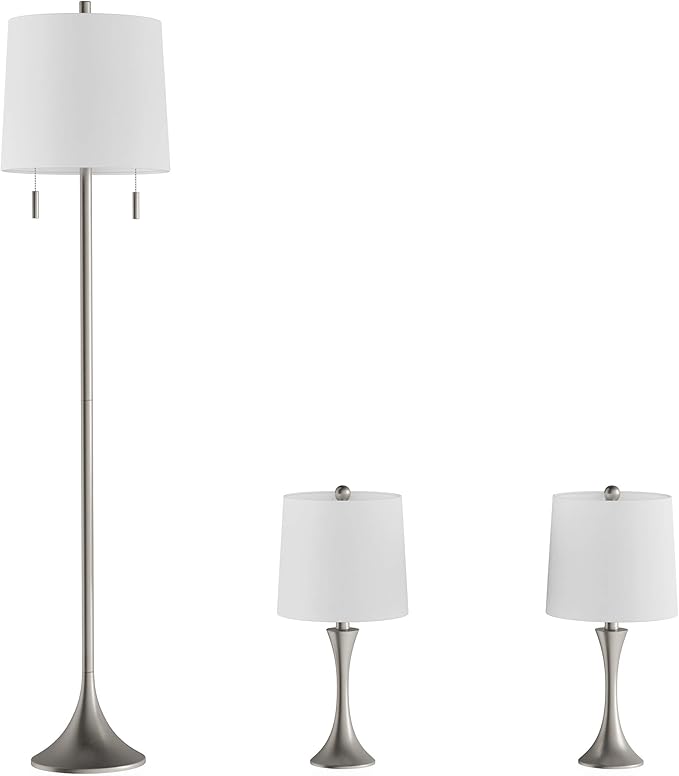 3-Piece Floor and Table Lamp Set - Mid-Century Modern Metal Lamps with Flared Trumpet Base and