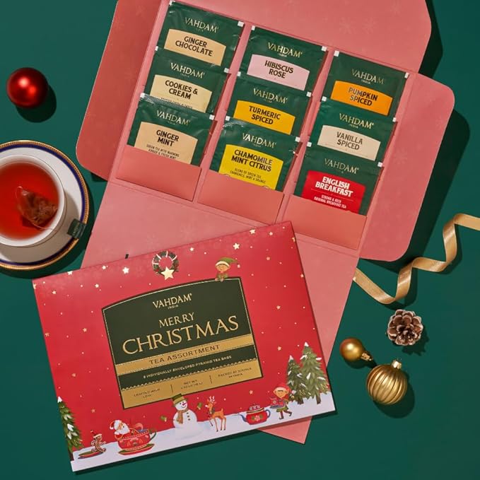 VAHDAM, Merry Christmas Tea Gift Set (9 Individually Wrapped Tea Bags) Limited Edition -Gluten
