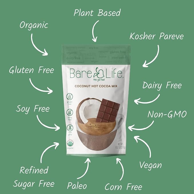 Bare Life: Dairy Free Coconut Hot Cocoa Mix Pouch | Gluten Free, Vegan, USDA Organic, Plant Based