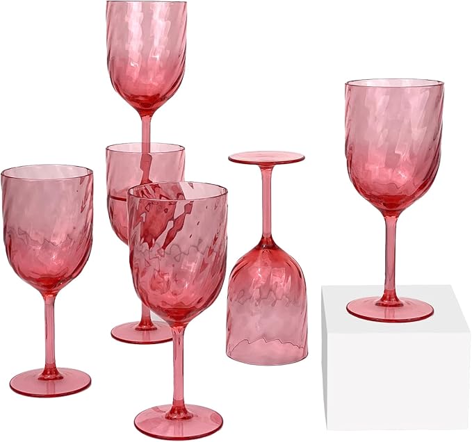 Yalin Set of 6 Unbreakable 15 oz Acrylic Plastic Wine and Water Tumbler Stackable Goblets. (Red, 15