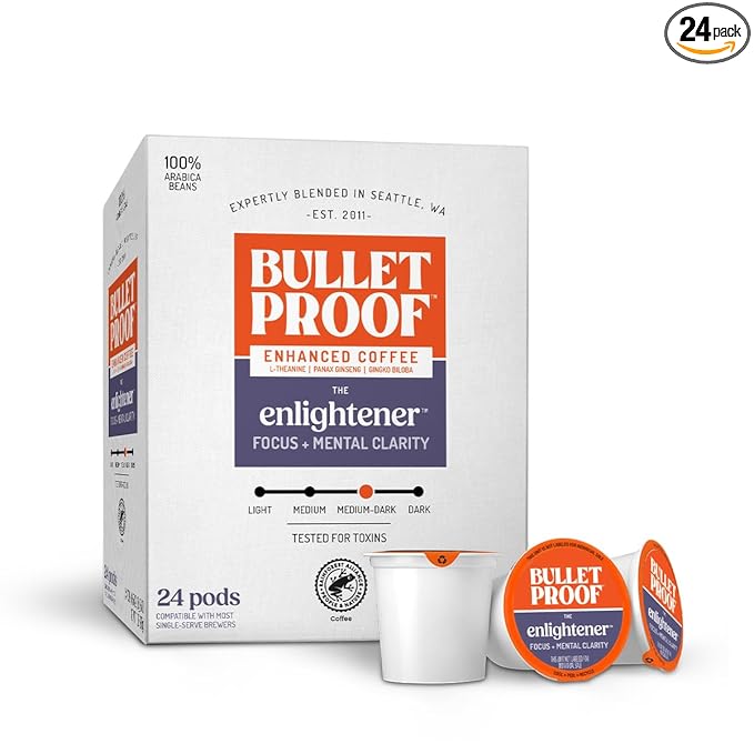 Bulletproof The Enlightener Coffee Pods, 24 Count, Medium-Dark Roast Enhanced Coffee with