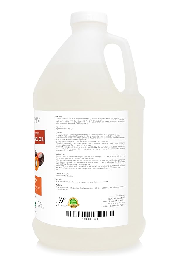 velona USDA Certified Organic Palm Kernel Oil - 1 Gallon / 128 Fl Oz | 100% Pure and Natural