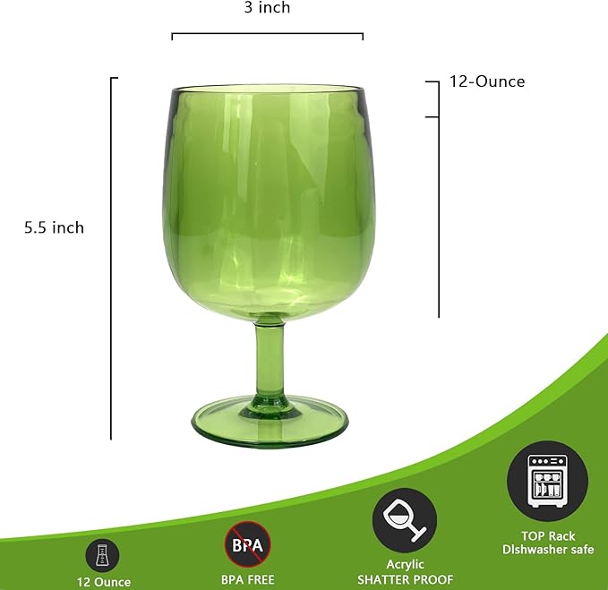 Yalin Set of 6 Unbreakable 12 oz Acrylic Plastic Wine and Water Tumbler Stackable Goblets. (Green