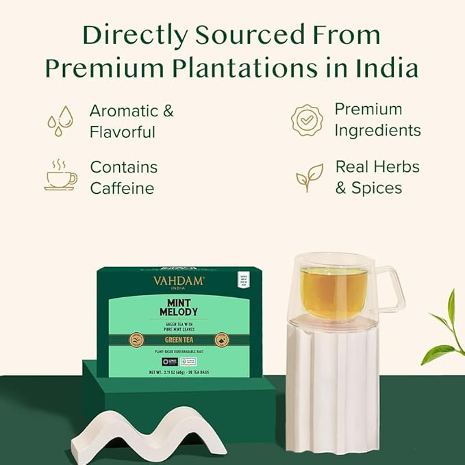 VAHDAM, Mint Green Tea Bags (30 Count) 100% Pure Leaf Tea, High Grown, Low Caffeine, Non GMO