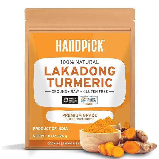 HANDPICK Lakadong High Curcumin Turmeric Powder (226g/ 8oz) Non GMO, Gluten Free, 100% Raw, Sourced