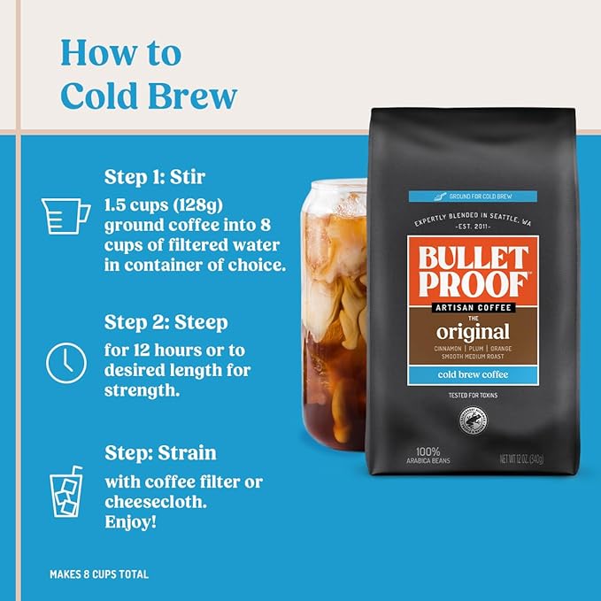 Bulletproof Original Medium Roast Coarse Ground Cold Brew Coffee, 12 Ounces, Clean and Tested for