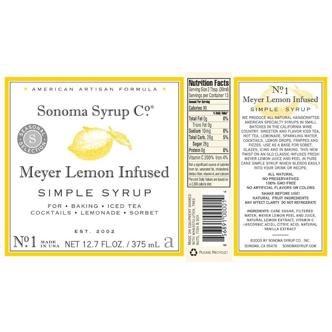 Sonoma Syrup Co. Meyer Lemon Infused Simple Syrup 12.7 fl oz | for Coffee, Cocktails, and Cooking |