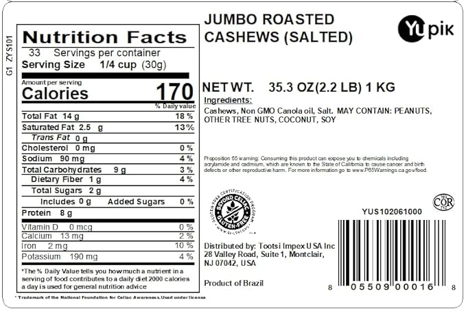 Yupik Roasted Salted Jumbo Cashews, 2.2 lb (35.2 oz), Gluten-Free, Kosher, Vegan, Large Crunchy