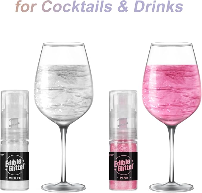 Sujoygar Edible Glitter Spray 2 Colors, White and Pink Edible Glitter for Cocktails, Shimmer Powder