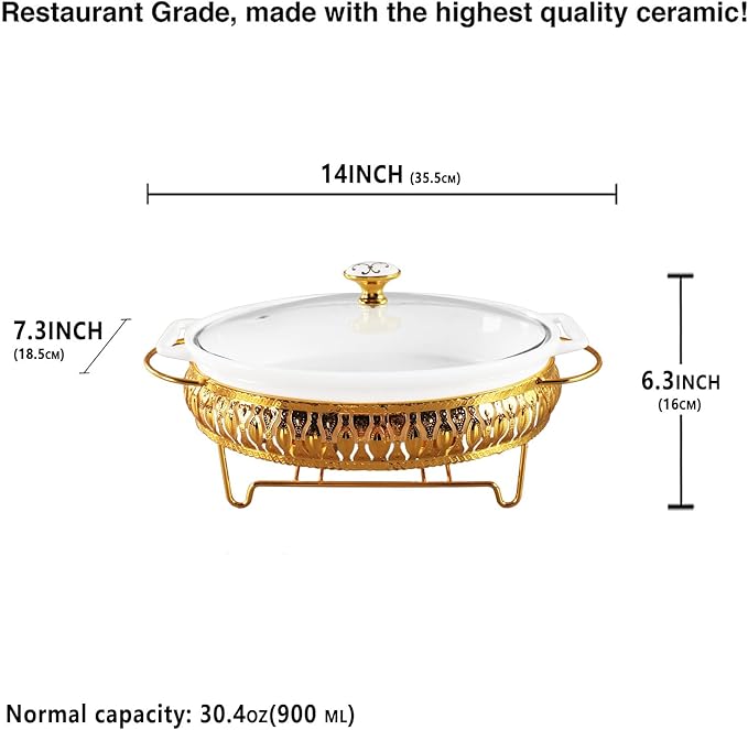 10" x 7" Ceramic Oval Casserole Dish with Glass Lid and Gold rack, 30 Ounce White Serving Soup