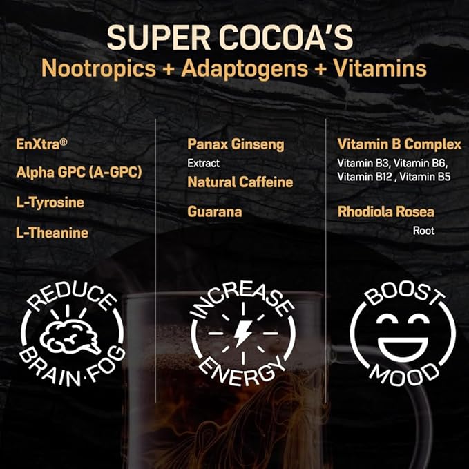 Super Cocoa Coffee Alternative Hot Chocolate Mix - Nootropics Brain Support Supplement for Memory &