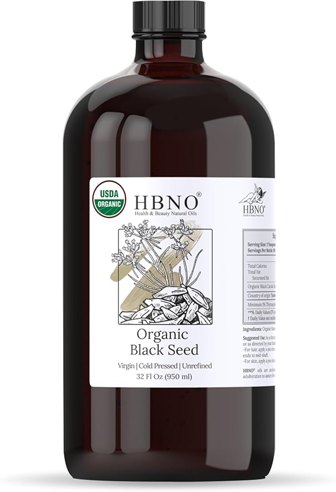 HBNO Organic Black Seed Oil - Huge 32oz (950ml) Glass Bottle Value Size - USDA Certified Organic