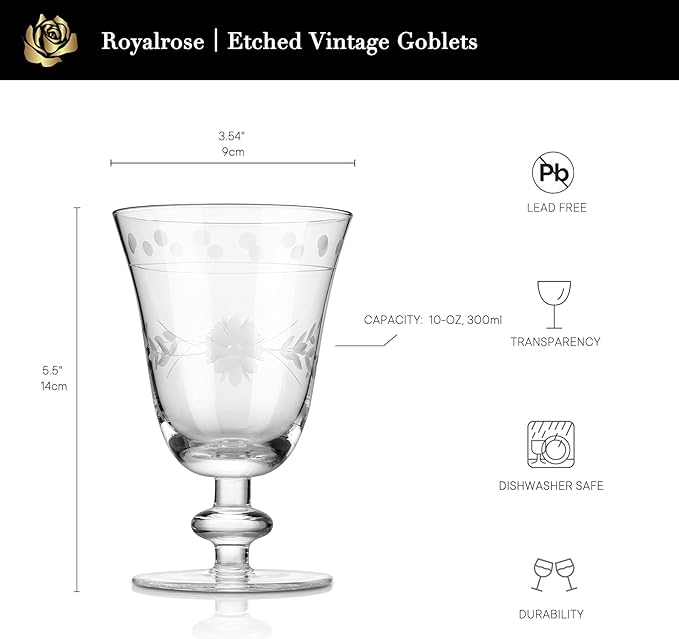 Premium Delight Vintage Wine Glasses Set of 4, 10 oz – Hand-Blown with Etched Stem, Classic