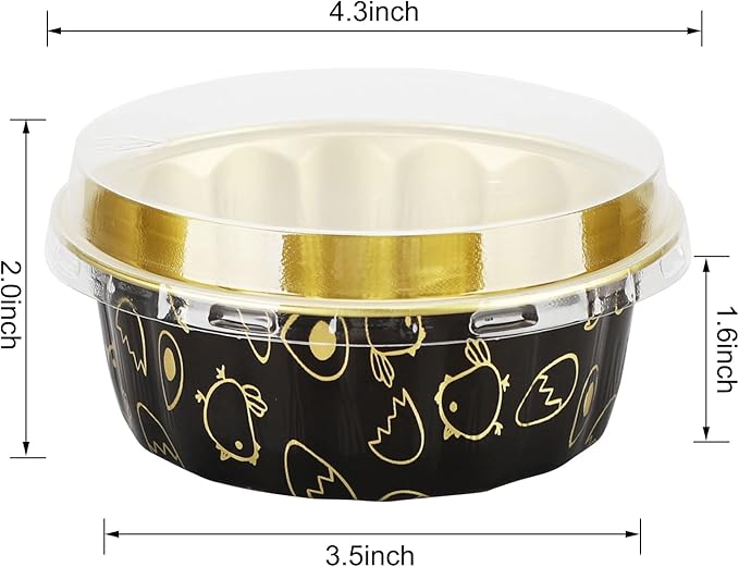 Beasea 8oz Disposable Cupcake Cups with Lids, 50 Pack Ramekins Foil Cupcake Cups Black Gold