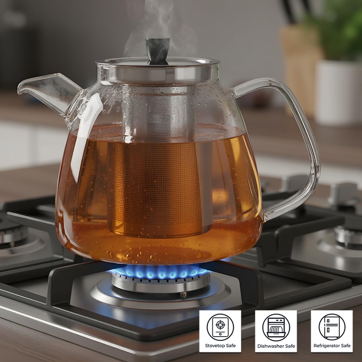 Aquach 42oz Glass Teapot with Infuser, Stovetop Safe Tea Kettle