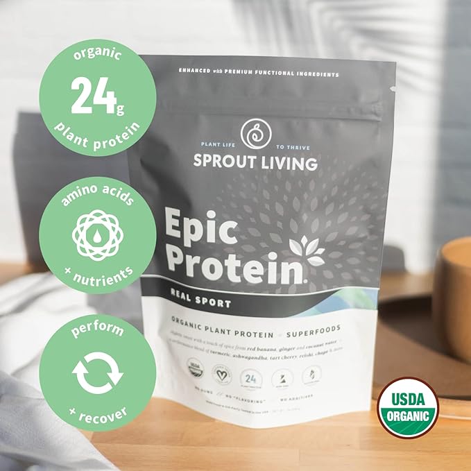 Sprout Living, Epic Protein, Plant Based Protein & Superfoods Powder, Real Sport | 24 Grams Organic