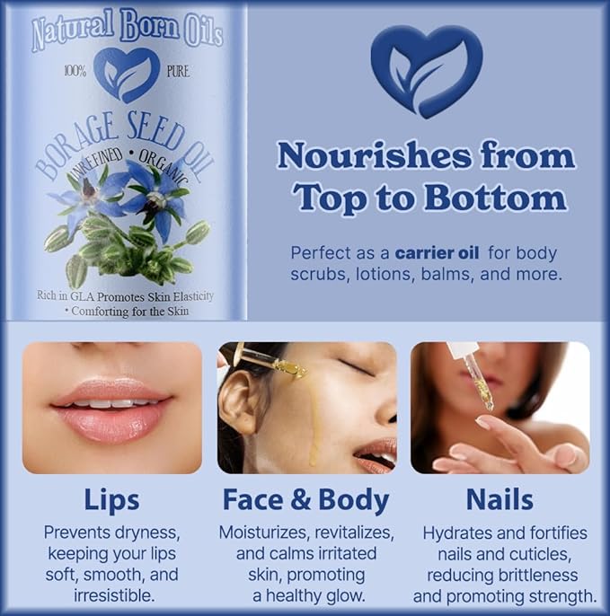 Natural Born Oils Borage Seed Oil, 8oz, Organic, Cold-Pressed, Carrier Oil, Omega-6 Rich, Skin
