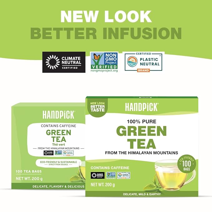 HANDPICK, Green Tea Bags - 100 Eco-Friendly Tea Bags | Resealable Pack for Freshness | Delicate &