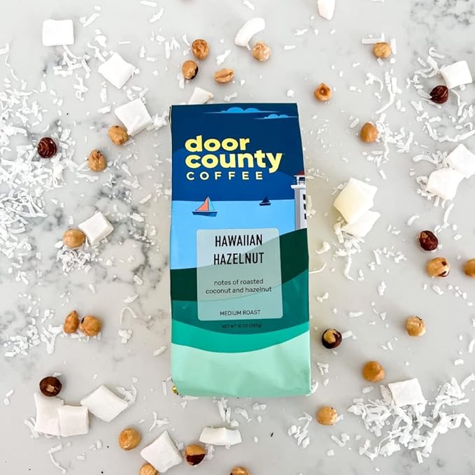 Door County Coffee Hawaiian Hazelnut Flavored -10oz Bag - Ground Medium Roast - 100% Arabica
