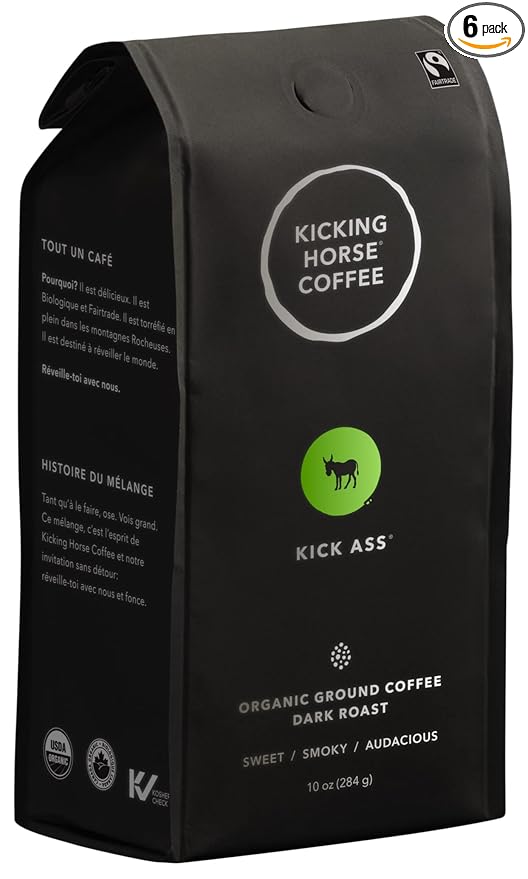 Kicking Horse Coffee Kick Ass, Dark Roast, Ground, Certified Organic, Fairtrade, Kosher, Black, 284